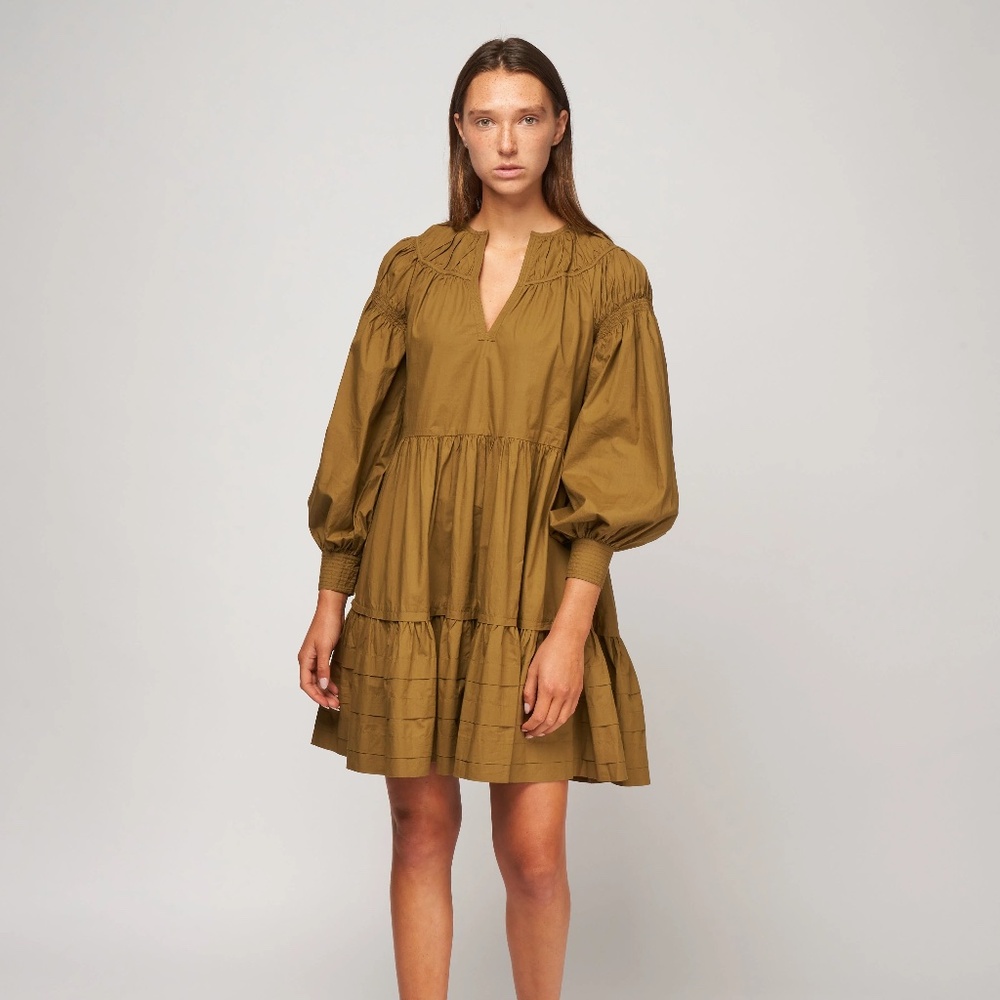 Ulla Johnson Willow Rosa Tiered Flare Dress Size 2 Olive Green